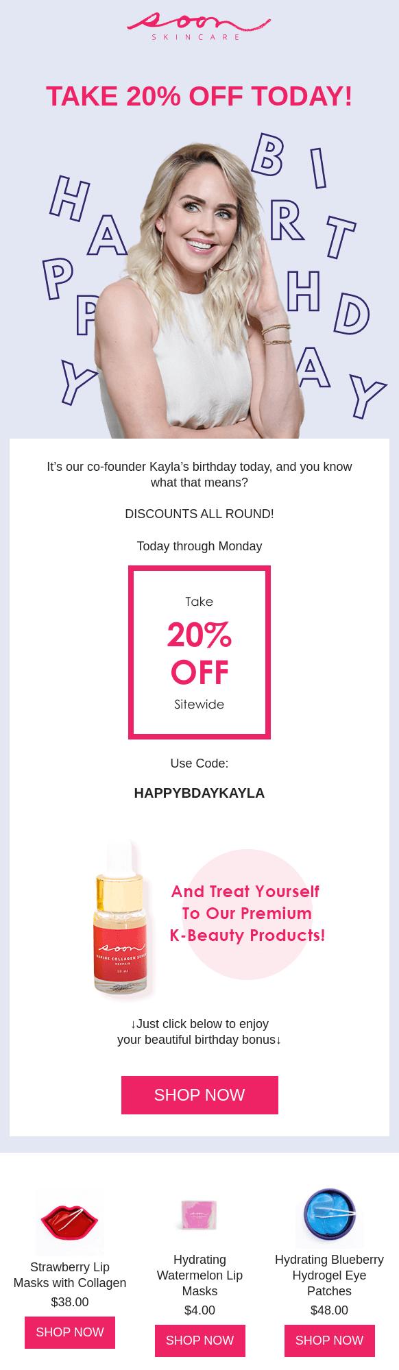 birthday email examples: soon skincare