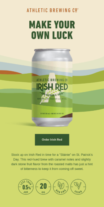 Contoh email Hari St. Patrick oleh Athletic Brewing
