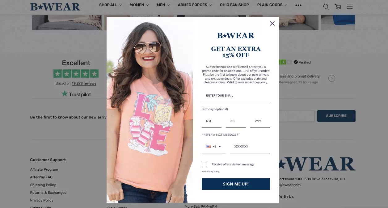 Personalized website popups by B-Wear