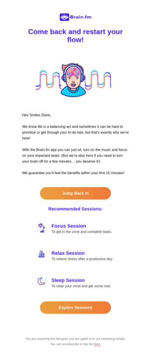 Ejemplo de correo electrónico de seguimiento de Brain.fm