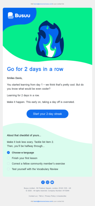 Follow-up email example by Busuu