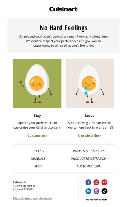 Пример отказа от подписки по электронной почте от Cuisinart