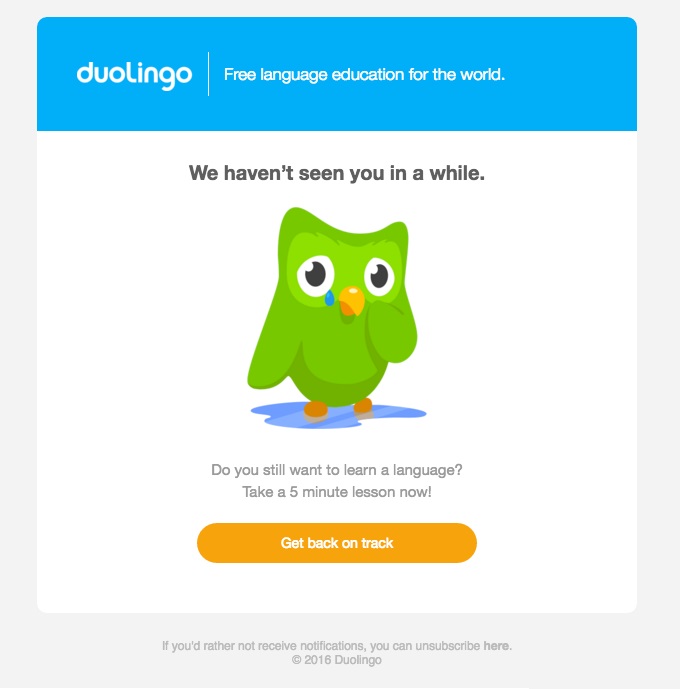 Ejemplo de correo electrónico "Te extrañamos" de Duolingo