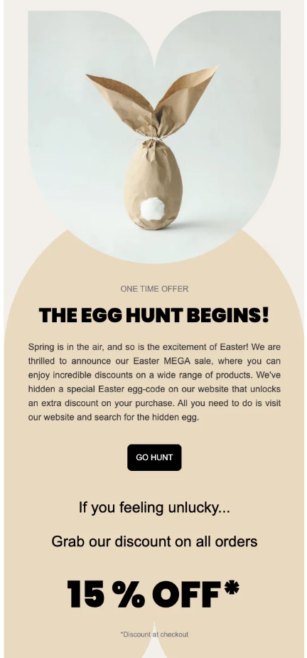 Easter email subject lines: A minimalist image of an egg with bunny ears on a light surface, above a promotional Easter sale banner offering a 15% discount and details about a website egg hunt event.