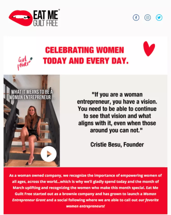 International Women's Day email example from Eat Me Guilt Free