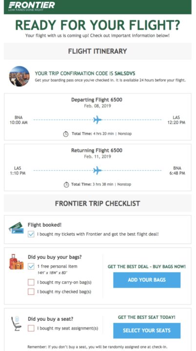 Reminder email example by Frontier