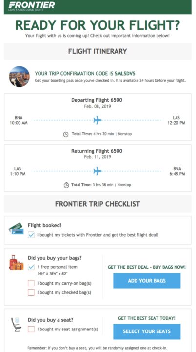 Exemplo de e-mail de lembrete da Frontier