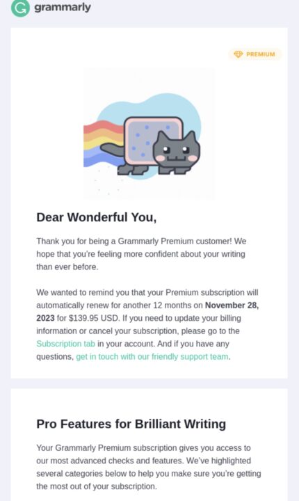 مثال على البريد الإلكتروني التذكيري من Grammarly