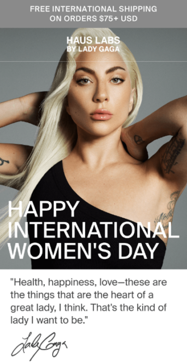 International Women's Day email example from Haus Labs by Lady Gaga