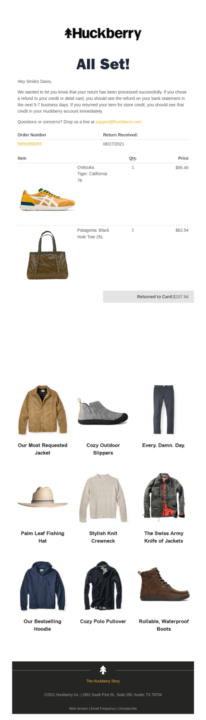 Exemple d'e-mail de suivi par Huckberry