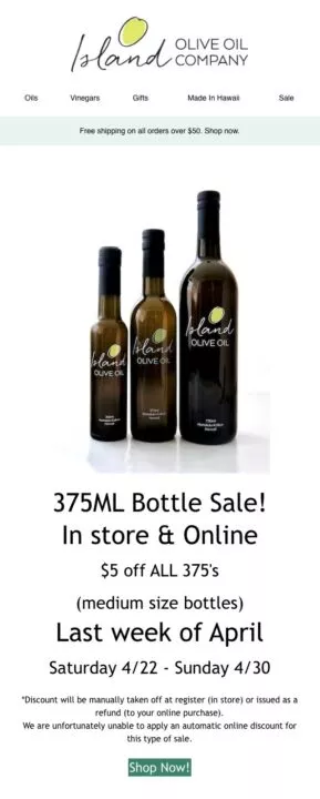 Marketing offers for inactive subscribers by Island Olive Oil Company