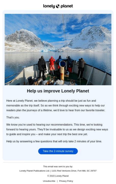 Contoh email permintaan umpan balik dari Lonely Planet