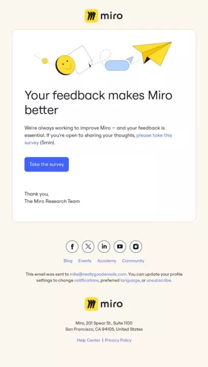Contoh email permintaan umpan balik oleh Miro