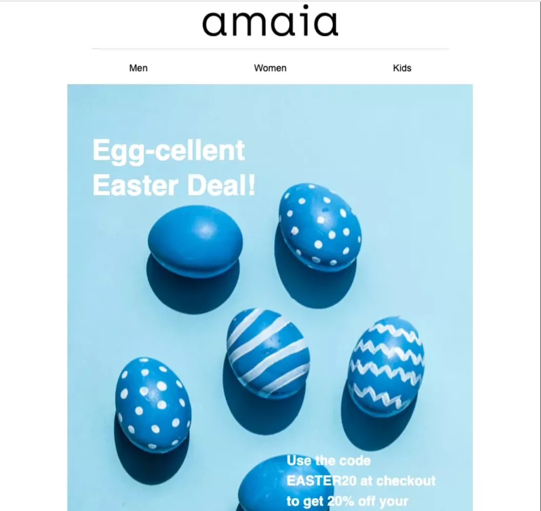 Easter email subject lines: Six blue Easter eggs, some with white decorative patterns, are arranged on a light blue background. The text reads “Egg-cellent Easter Deal!” and offers a 20% discount with the code EASTER20 at checkout.