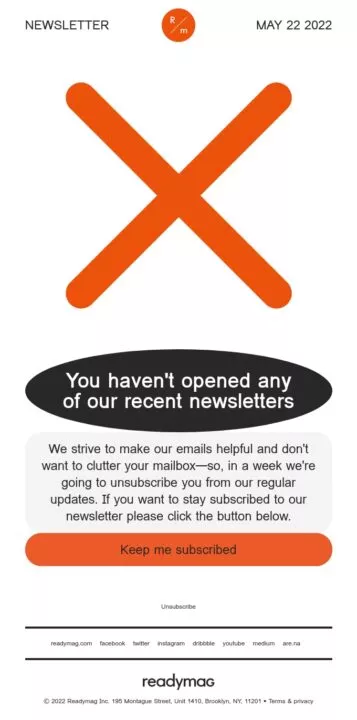 Ejemplo de correo electrónico para cancelar la suscripción de Readymag