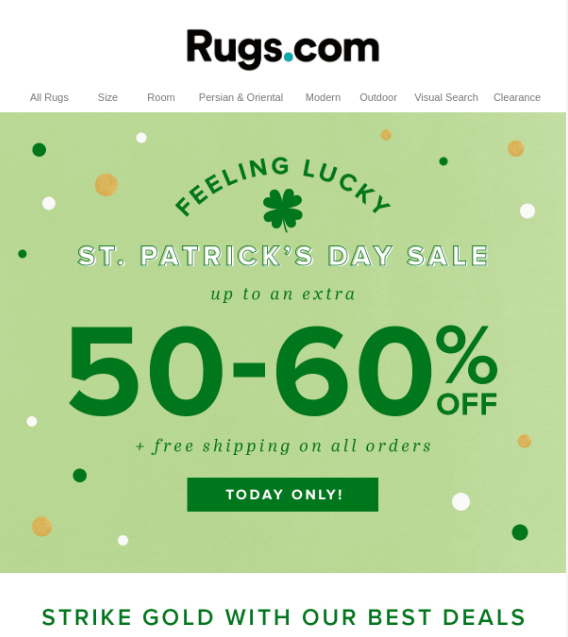Exemplo de e-mail do Dia de São Patrício por Rugs.com