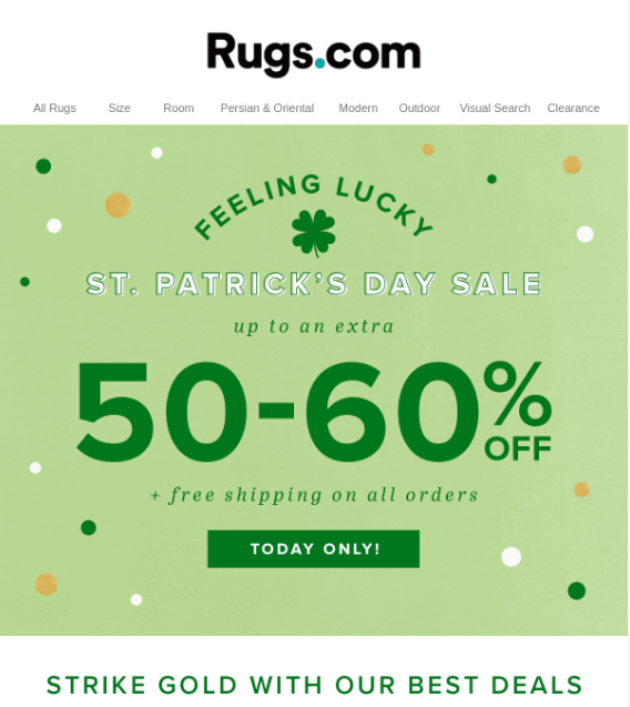 Esempio di email per il giorno di San Patrizio di Rugs.com