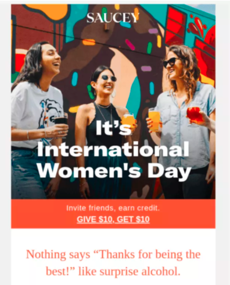 International Women's Day email example from Saucey