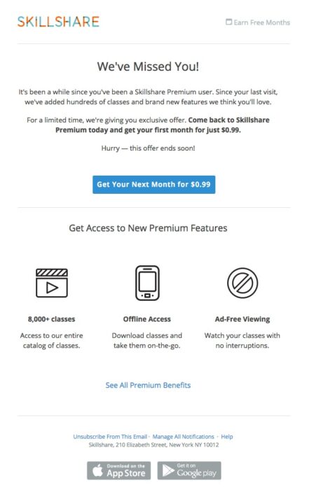 Special offer email from Skillshare
