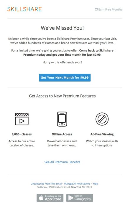 Email de oferta especial da Skillshare