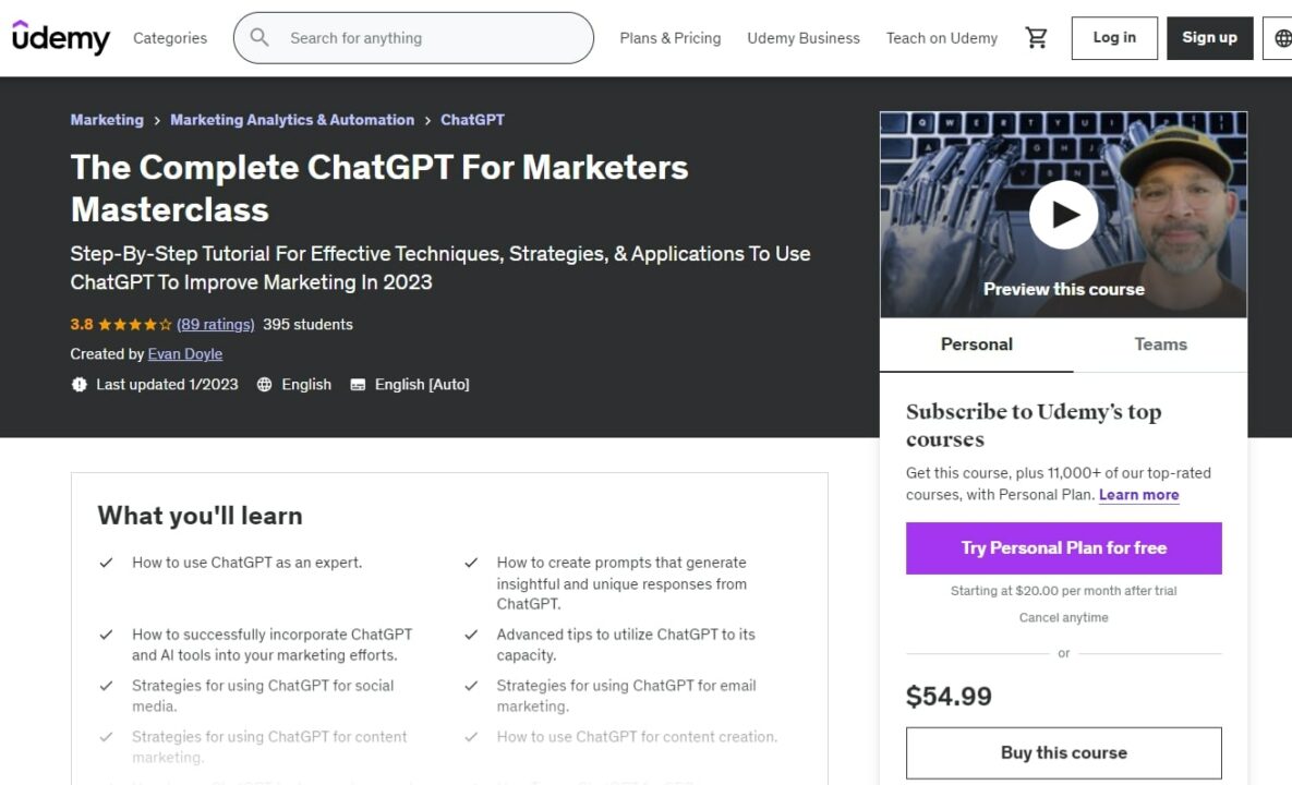 Marketers Masterclass course by Udemy