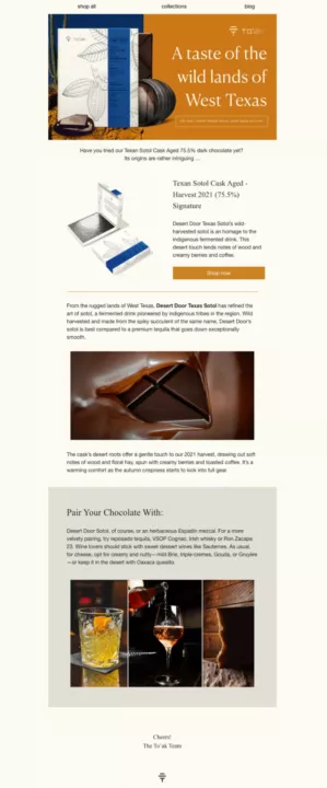 Email design example by To'ak chocolate
