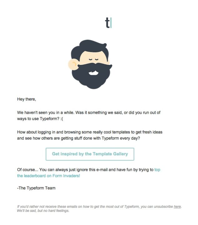 “We missed you” email example by Typeform
