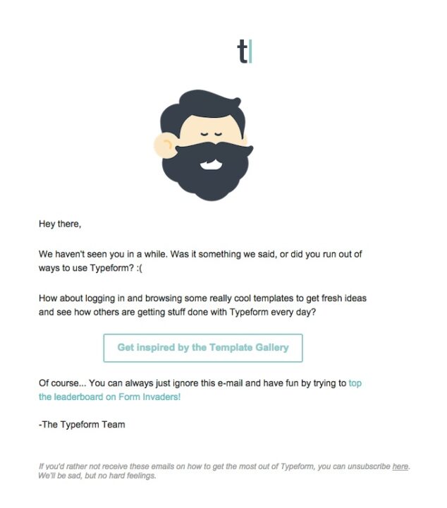 E-Mail-Beispiel „Wir haben dich vermisst“ von Typeform