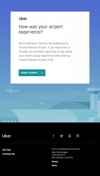 Exemplo de e-mail de acompanhamento da Uber