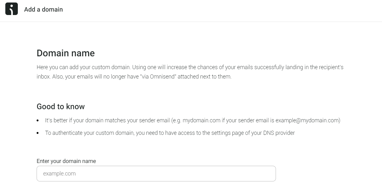 Domain name creation example at Omnisend