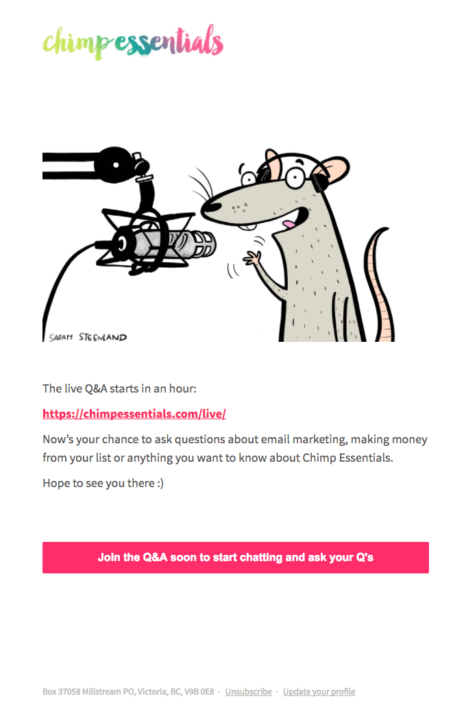Ótimo exemplo de e-mail de lembrete de evento da Chimp Essentials