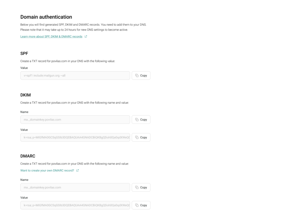 Domain authentication example at Omnisend