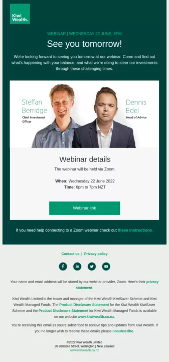 Great event reminder email example by Kiwi Wealth