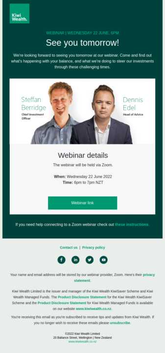 Ottimo esempio di email di promemoria dell'evento di Kiwi Wealth