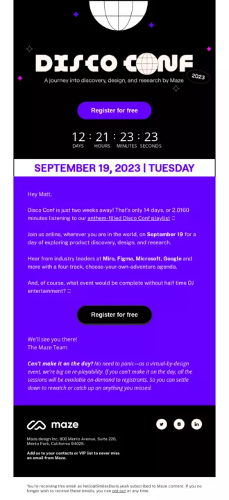 Great event reminder email example by Maze