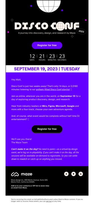 Great event reminder email example by Maze