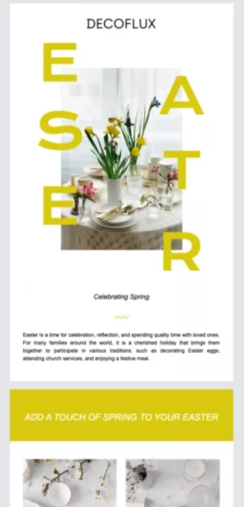 Easter email subject lines: A table set for spring and Easter with flowers, eggs, and glassware. Large yellow letters spell EASTER over the image. Below, text describes Easter traditions and a yellow button invites adding spring touches.