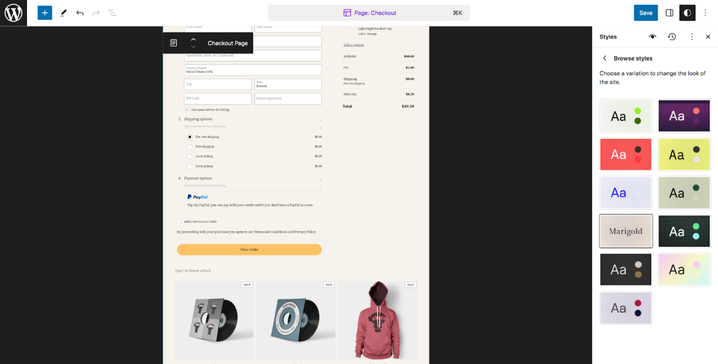 Checkout page example on WordPress