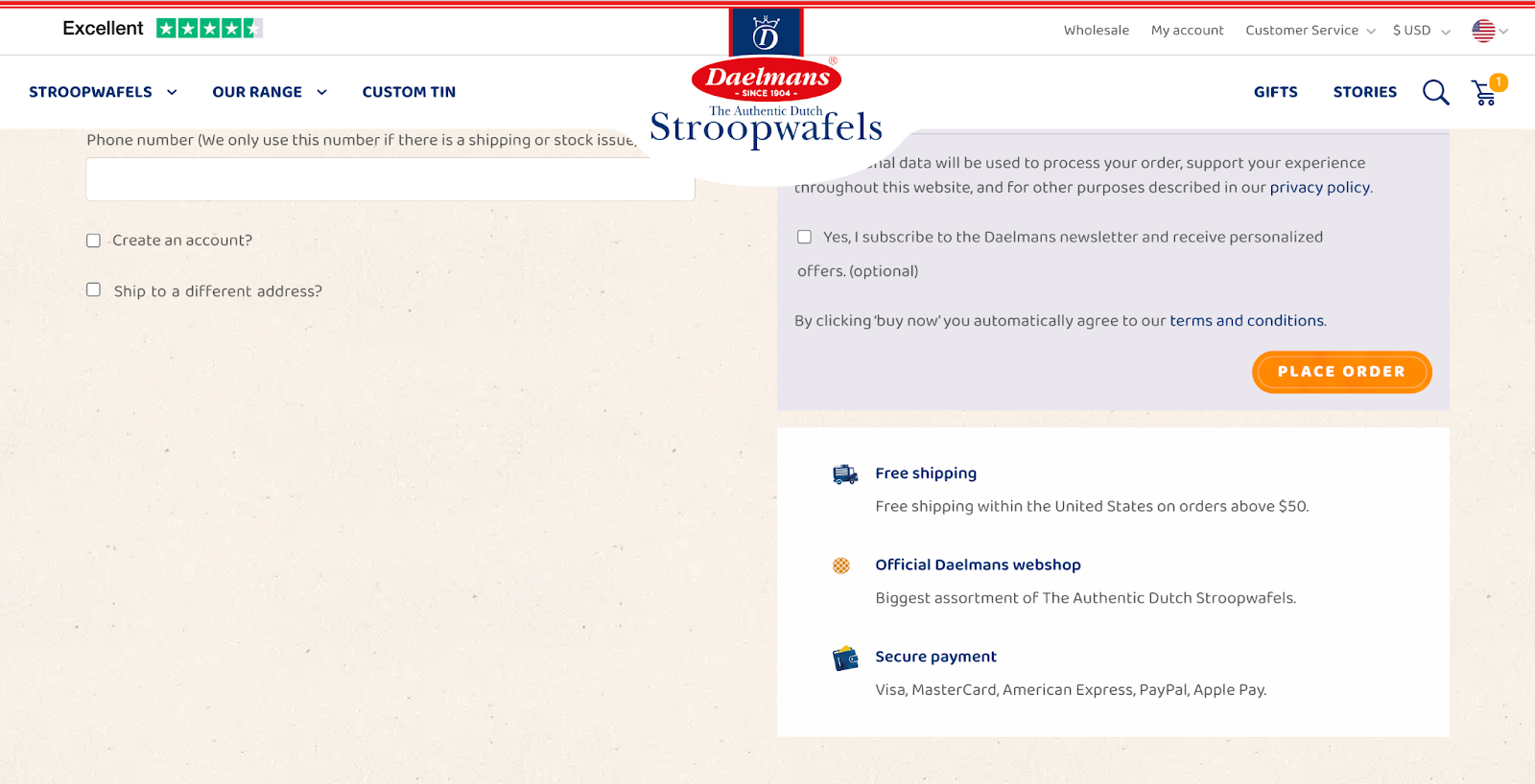 Checkout page example on Daelmans