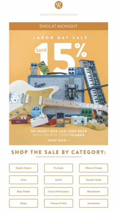 Labor Day sale begins email by Reverb