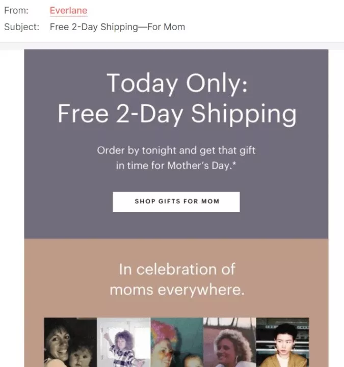 Mother's Day subject lines with free shipping example
