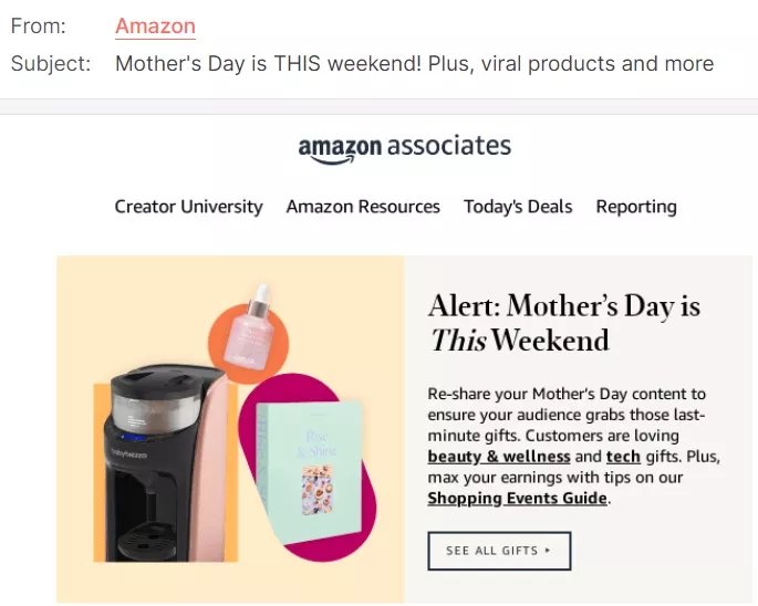 Mother's Day subject lines with last-minute reminders/urgency example