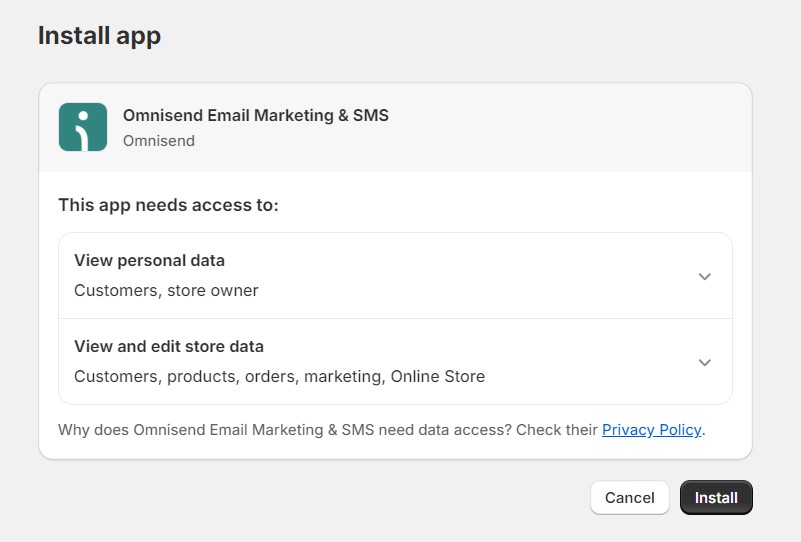 Omnisend Install app Shopify store