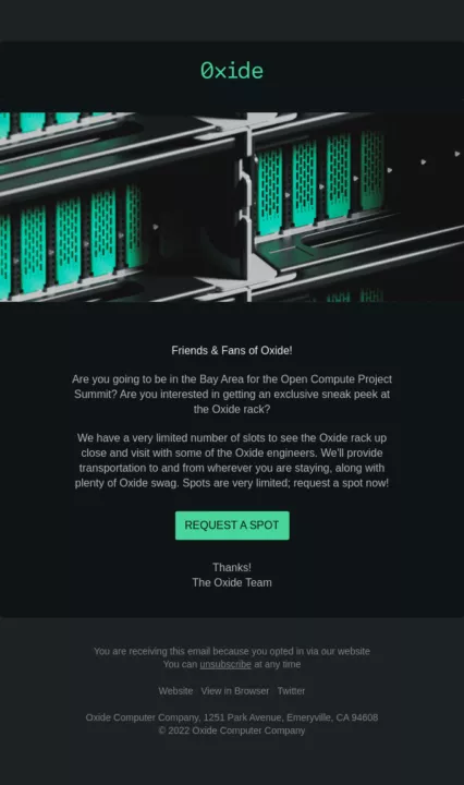 event invitation email example by Oxide