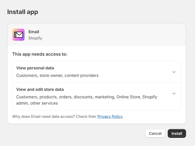 Shopify Email install app