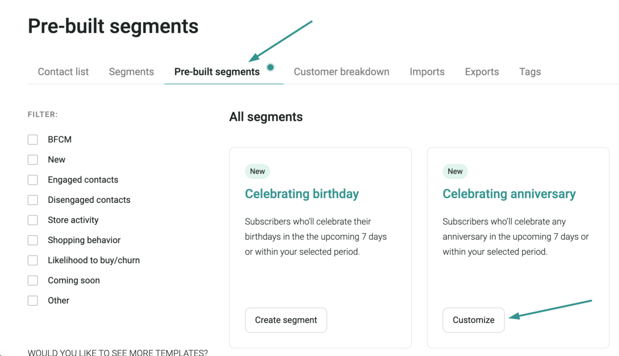 pre-built segments example on Omnisend