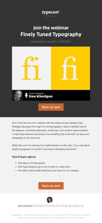 event invitation email example by Monotype