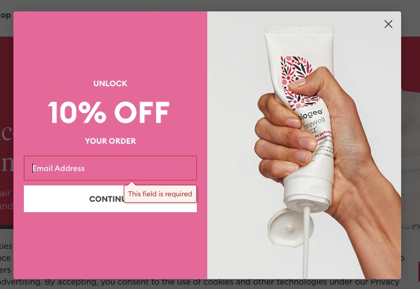 Coupon code website popup example by Briogeo Hair