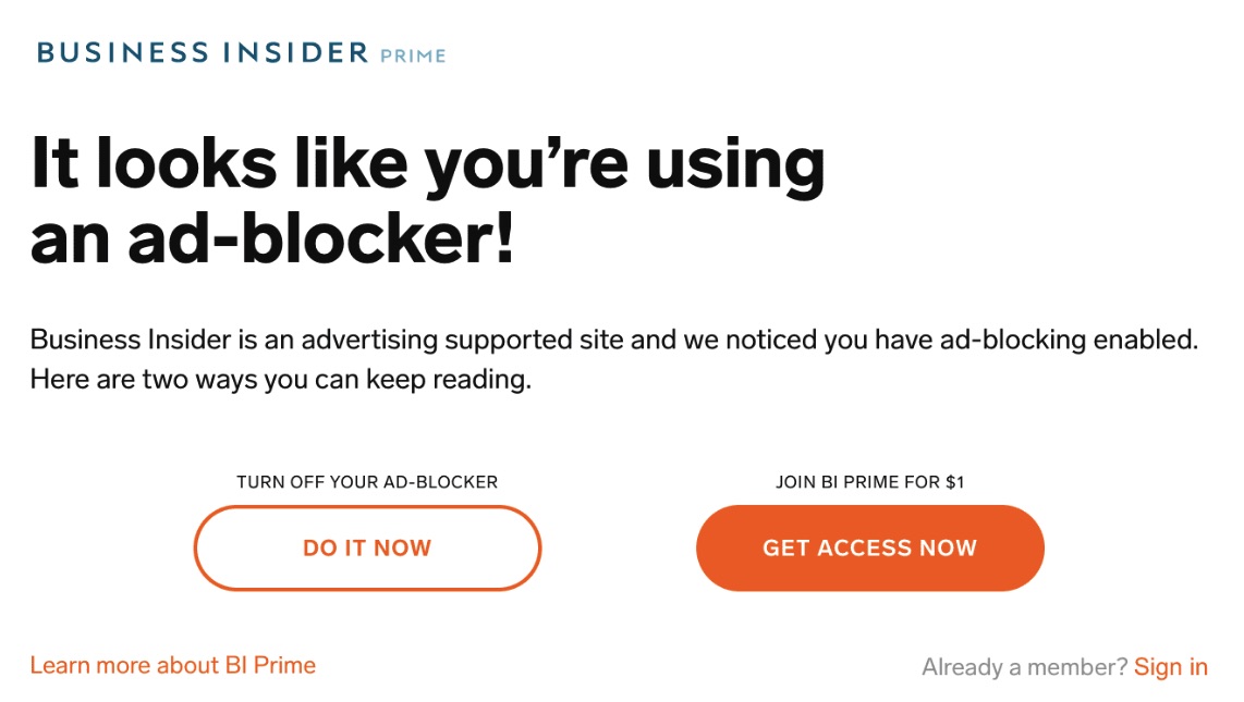 Ad-block workaround website popup example by Business Insider