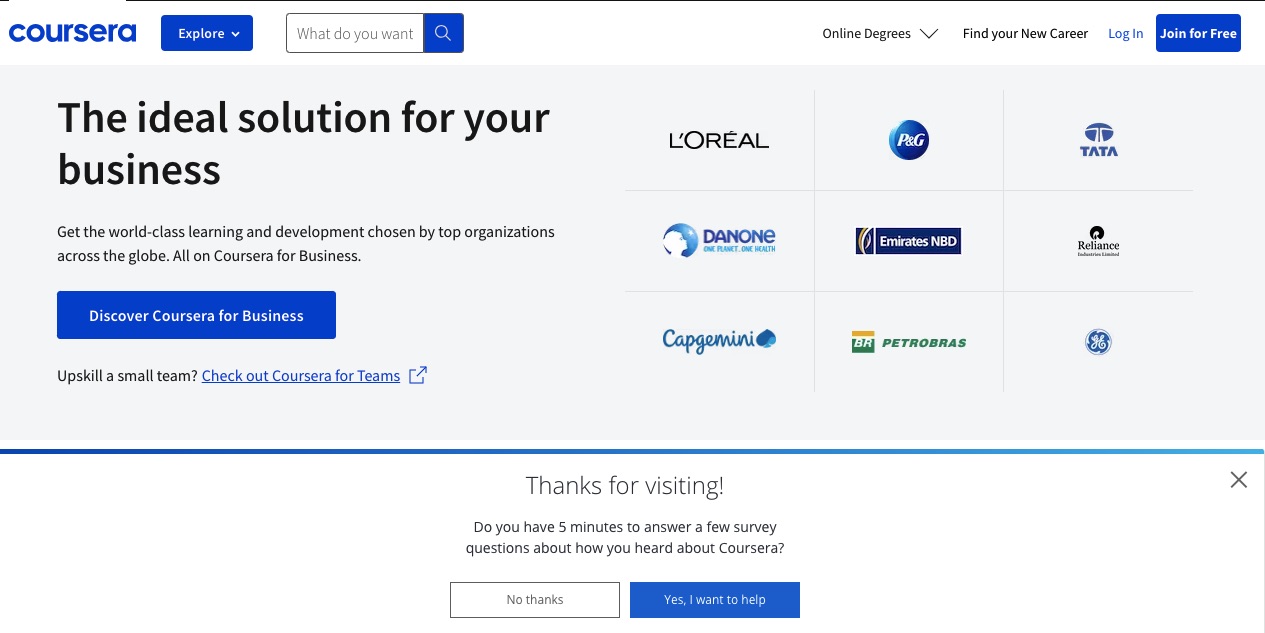 Exit-intent website popup example by Coursera